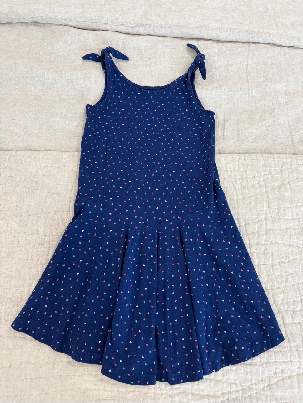 Tea Collection Navy Tie-Shoulder Swing Dress w Tiny Multicolor Hearts - Girls 10